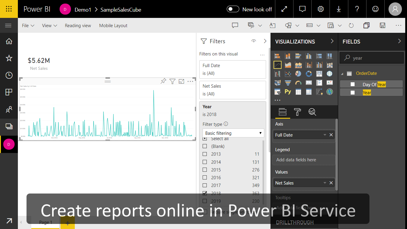 Creation of a report in Power BI Service based on Sales Cube data from Magento