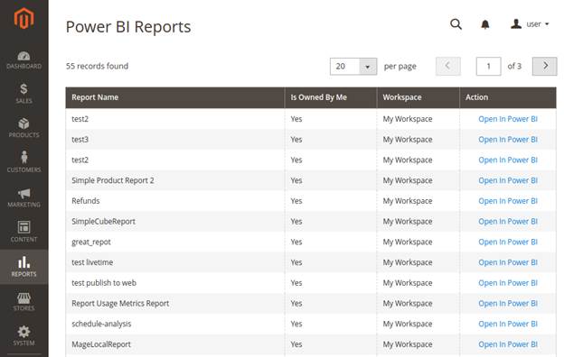 Power BI Reports list inside Magento Platform
