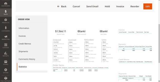 Embedded Order Statistics report on an order’s page