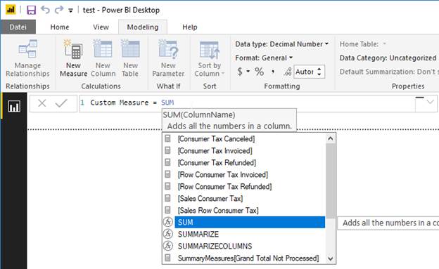 Entering DAX expression for calculated measure inside Power BI Desktop