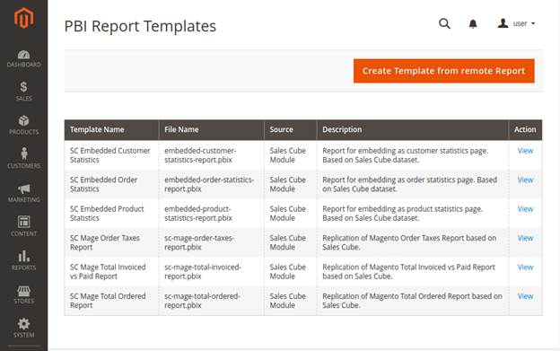 List of report templates inside Magento Platform