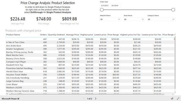 Product selection page of Product price change report based on Magento e-commerce data. Created with BIM Power BI Integration extension for Magento.